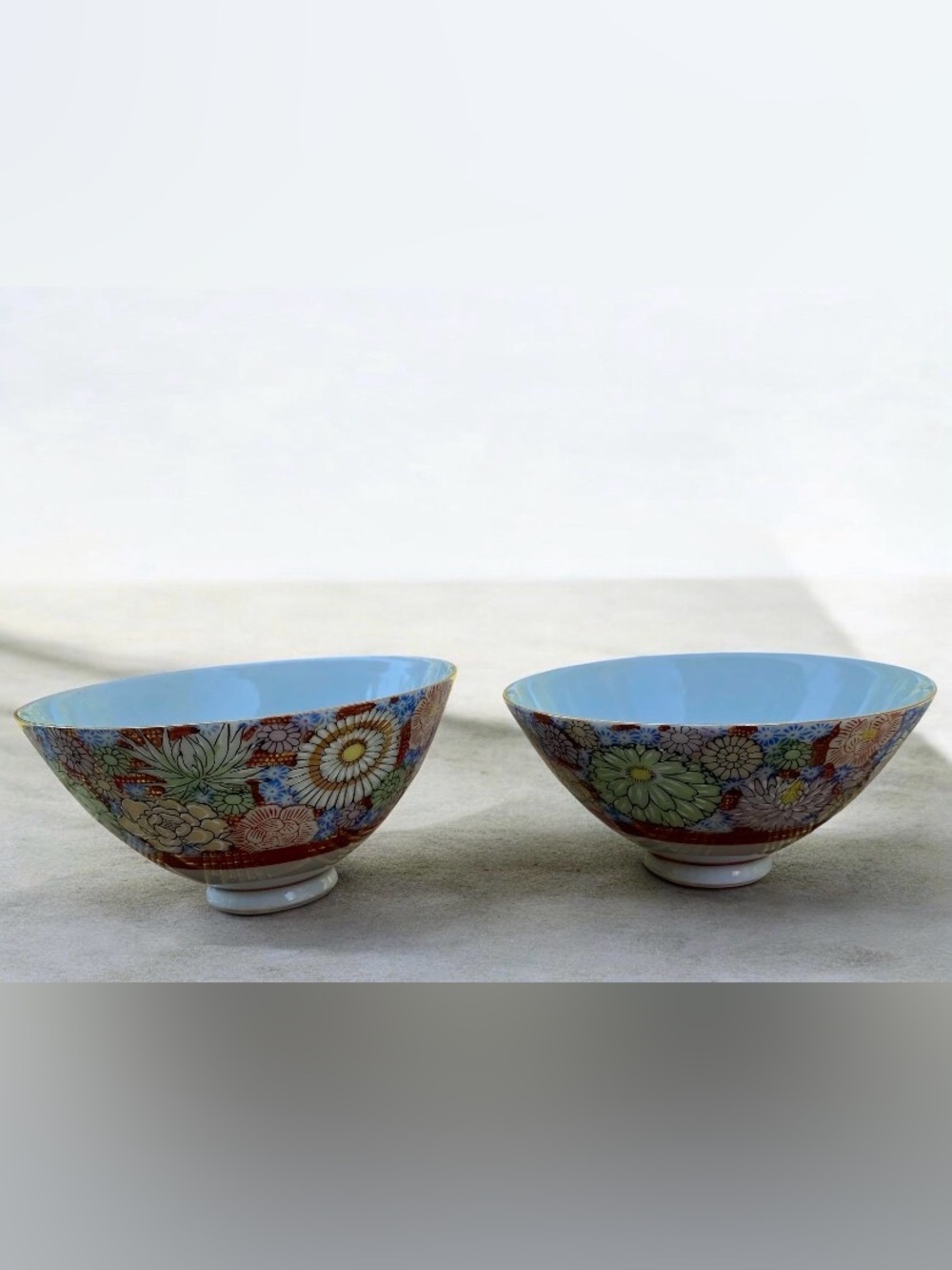 Pair of Vtg Japanese Kutani Floral Porcelain teacup/ Small Chawan Bowls